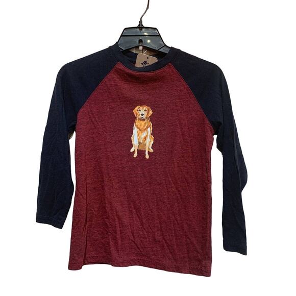 Hand Printed Upcycled Youth Small Golden Retriever Puppy Dog Baseball Raglan Tee - Picture 1 of 3